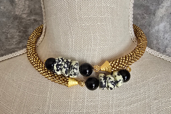 Gold /Black/White Beaded Crochet Choker Necklace