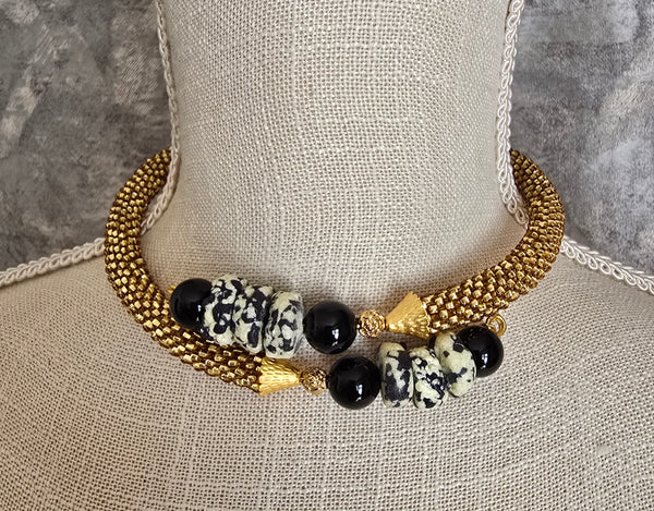 Gold /Black/White Beaded Crochet Choker Necklace