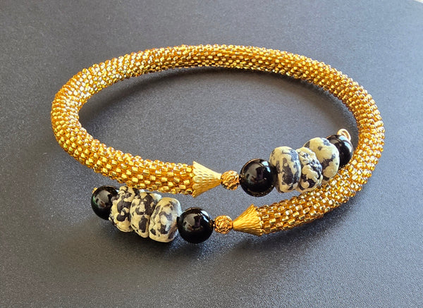 Gold /Black/White Beaded Crochet Choker Necklace