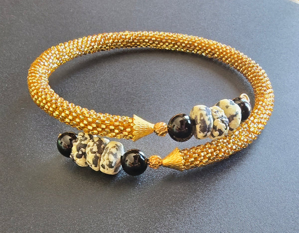 Gold /Black/White Beaded Crochet Choker Necklace