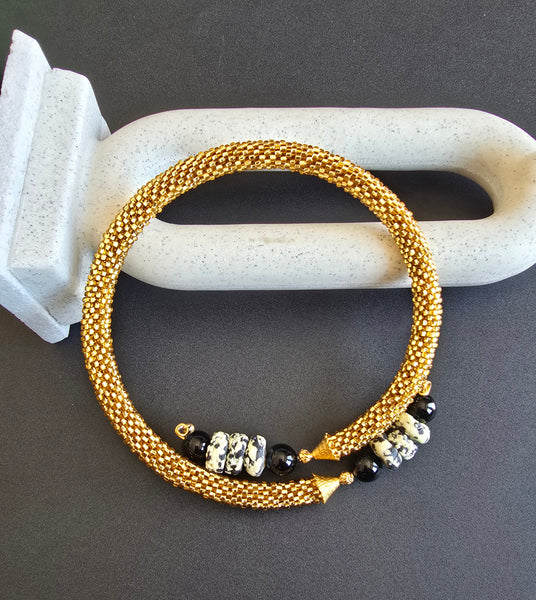 Gold /Black/White Beaded Crochet Choker Necklace