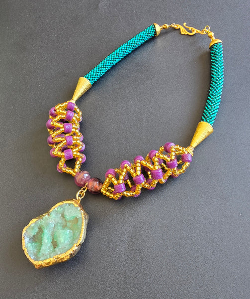 Green/Purple Woven Beaded Crochet Necklace