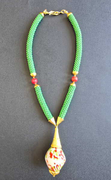 Olive-Raspberry Multi Flacon Beaded Crochet Necklace