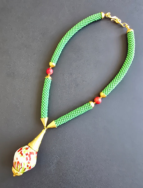 Olive-Raspberry Multi Flacon Beaded Crochet Necklace