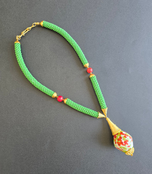 Olive-Raspberry Multi Flacon Beaded Crochet Necklace