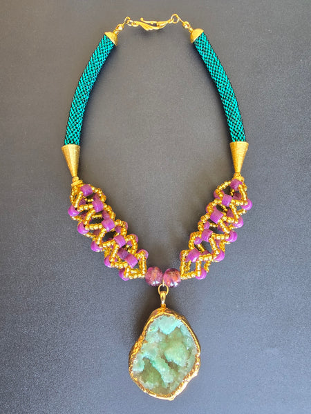 Green/Purple Woven Beaded Crochet Necklace