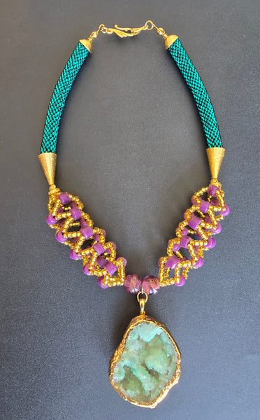 Green/Purple Woven Beaded Crochet Necklace