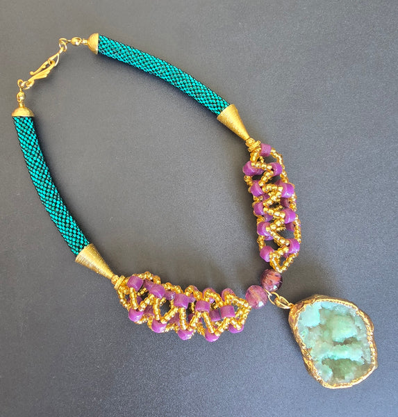 Green/Purple Woven Beaded Crochet Necklace