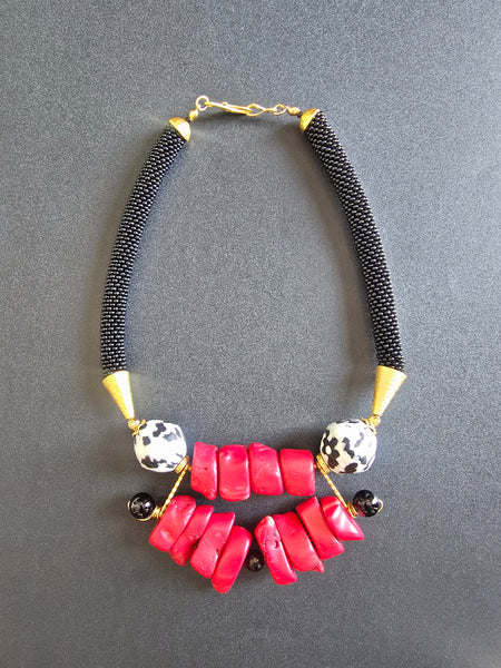 Red/Black/White Bib Beaded Crochet Necklace