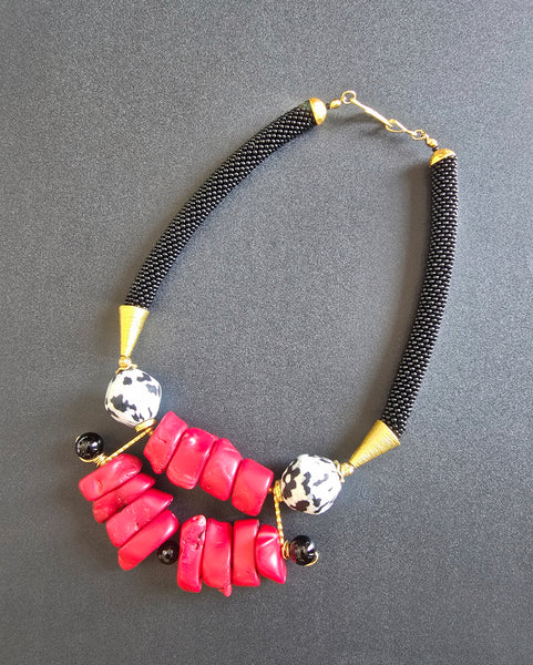 Red/Black/White Bib Beaded Crochet Necklace