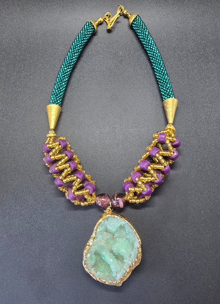 Green/Purple Woven Beaded Crochet Necklace