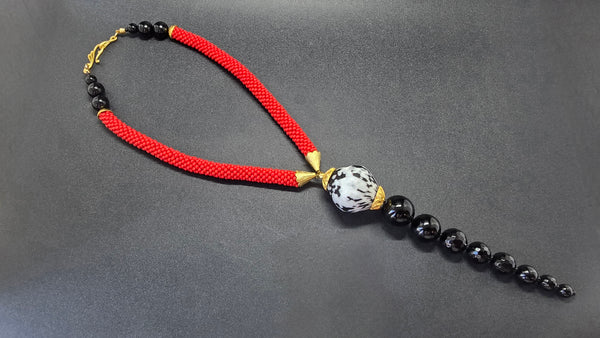Red/Black/White Beaded Crochet Lariat Necklace