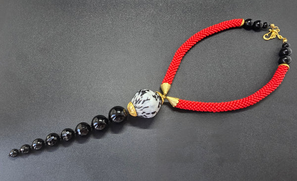 Red/Black/White Beaded Crochet Lariat Necklace