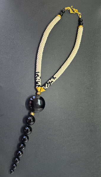 Tan/Black Beaded Crochet Lariat Necklace