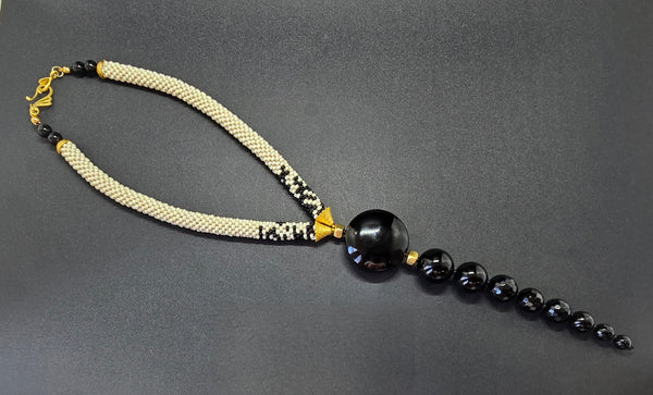Tan/Black Beaded Crochet Lariat Necklace