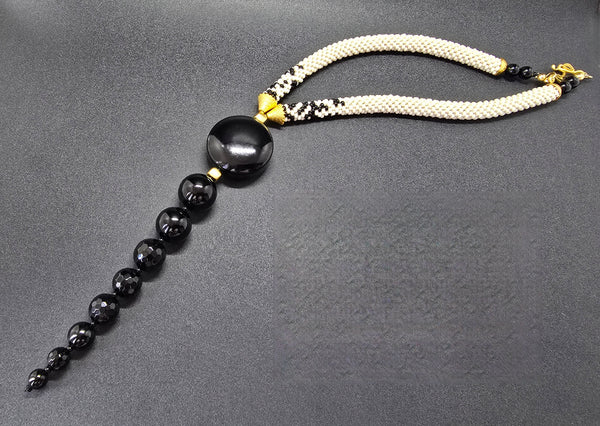 Tan/Black Beaded Crochet Lariat Necklace