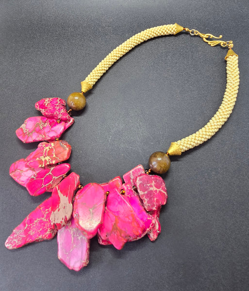 Pink/Brown/Tan Beaded Crochet Necklace