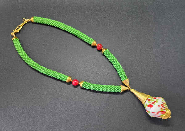 Olive-Raspberry Multi Flacon Beaded Crochet Necklace