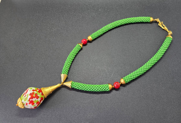Olive-Raspberry Multi Flacon Beaded Crochet Necklace