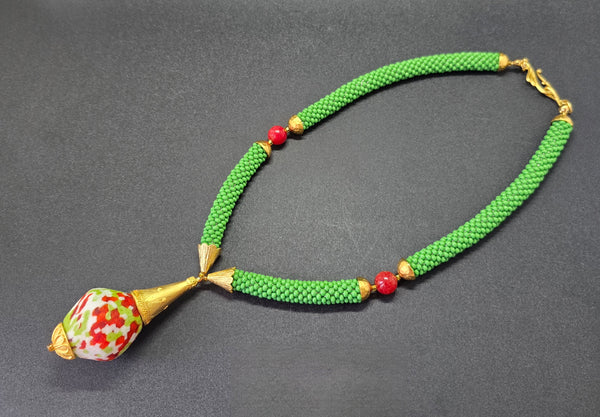 Olive-Raspberry Multi Flacon Beaded Crochet Necklace