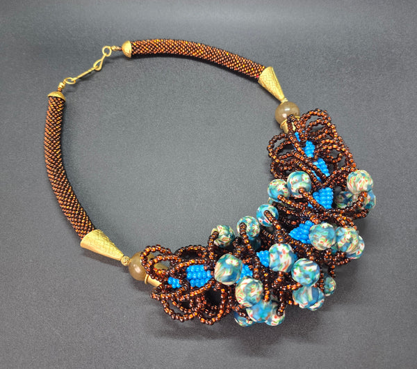 Brown/Blue Multi Looped Woven Beaded Crochet Necklace