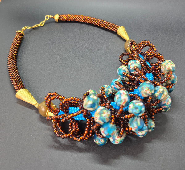 Brown/Blue Multi Looped Woven Beaded Crochet Necklace