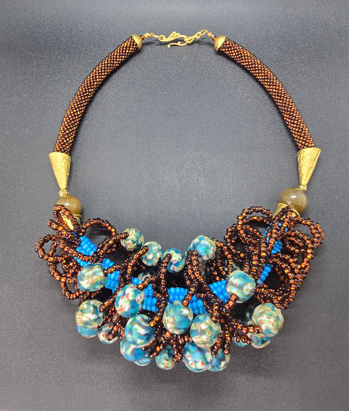 Brown/Blue Multi Looped Woven Beaded Crochet Necklace