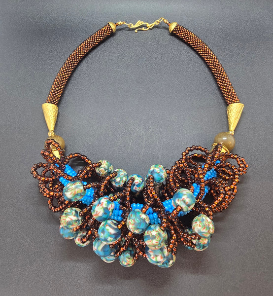 Brown/Blue Multi Looped Woven Beaded Crochet Necklace