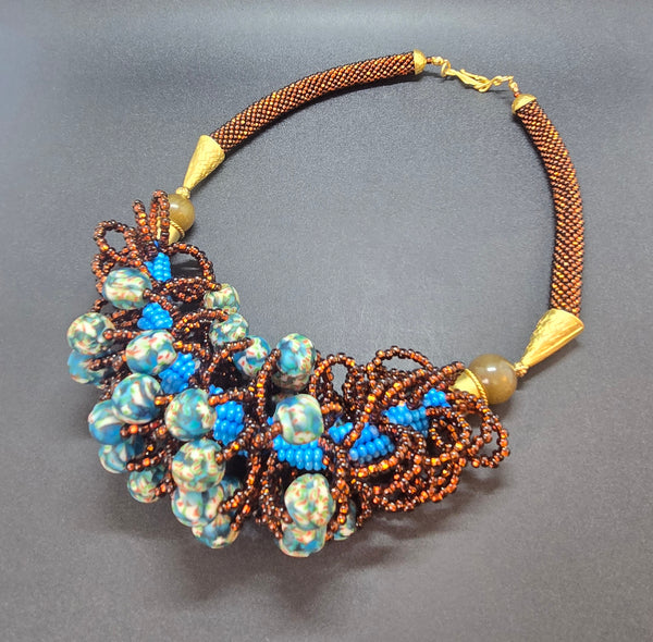Brown/Blue Multi Looped Woven Beaded Crochet Necklace