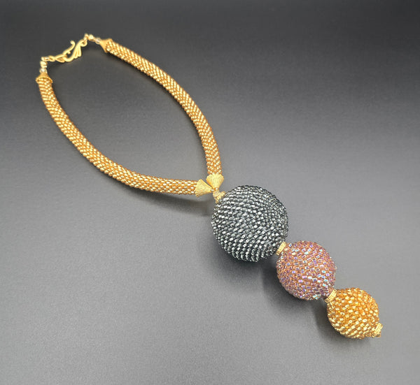 Grey/Berry/Gold Glam Crochet Necklace