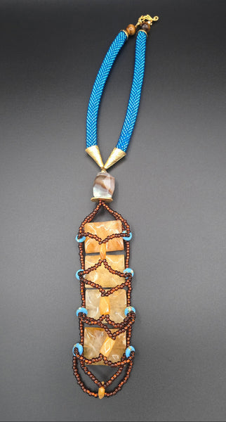 Aqua/Brown Beaded Crochet Woven Lariat Necklace