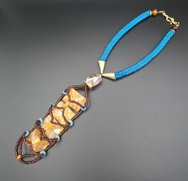 Aqua/Brown Beaded Crochet Woven Lariat Necklace