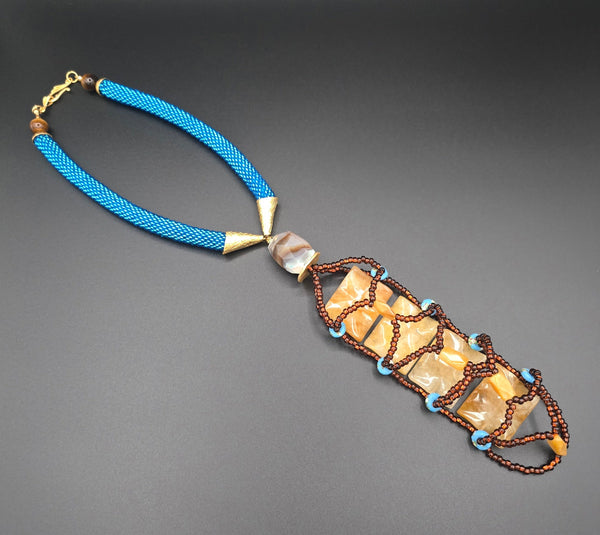 Aqua/Brown Beaded Crochet Woven Lariat Necklace