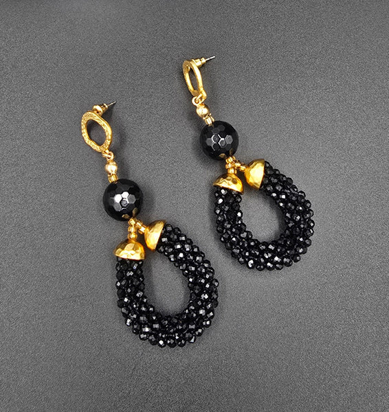 Beaded Crochet Hoop Earrings - Black/Gold