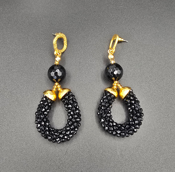 Beaded Crochet Hoop Earrings - Black/Gold