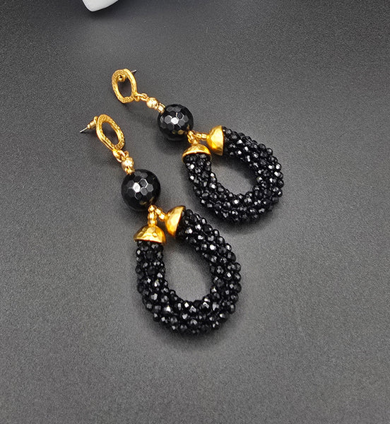 Beaded Crochet Hoop Earrings - Black/Gold