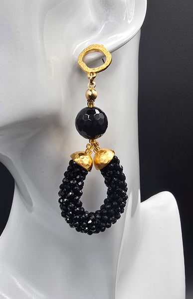 Beaded Crochet Hoop Earrings - Black/Gold