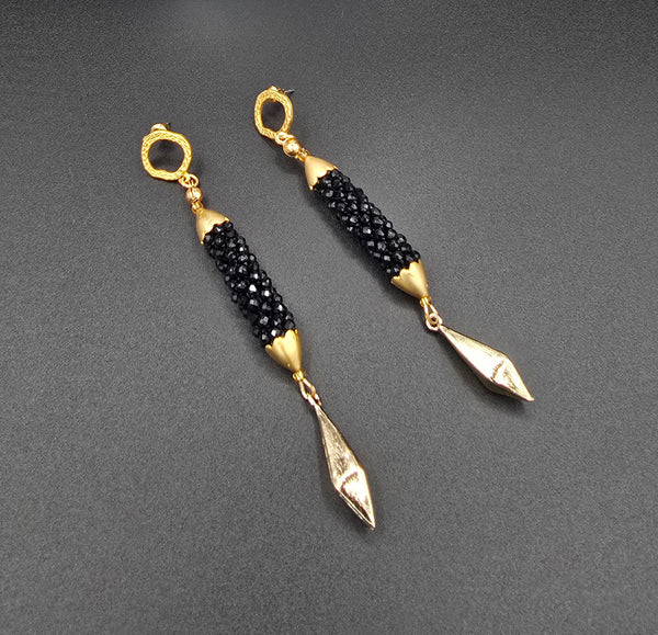 Beaded Crochet Linear Earrings - Black/Gold
