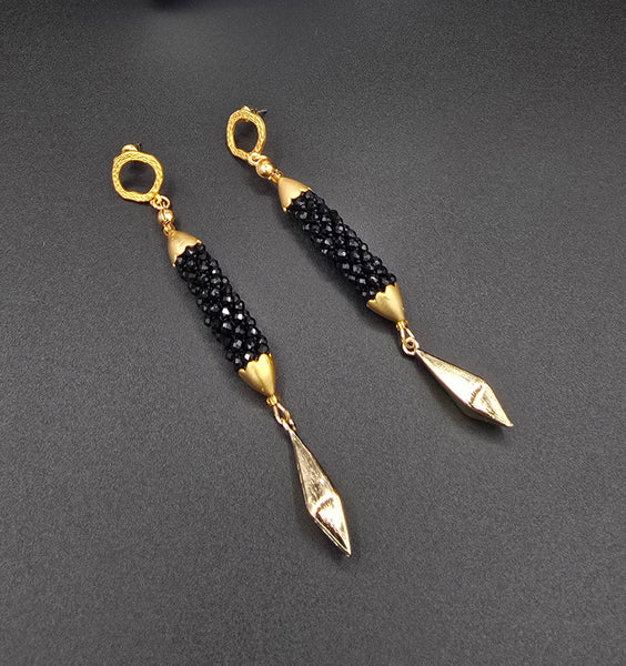 Beaded Crochet Linear Earrings - Black/Gold