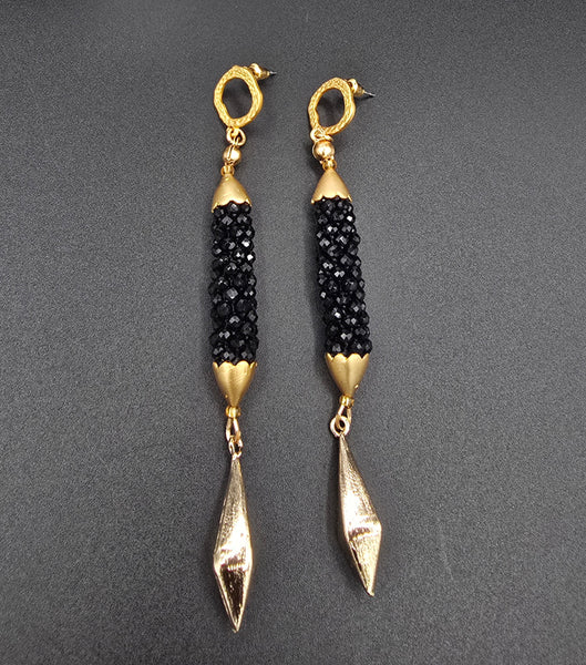 Beaded Crochet Linear Earrings - Black/Gold