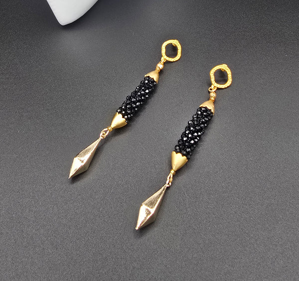 Beaded Crochet Linear Earrings - Black/Gold