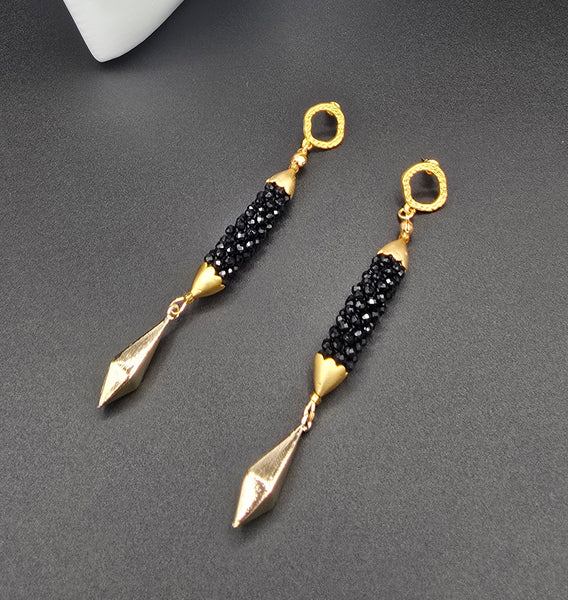 Beaded Crochet Linear Earrings - Black/Gold
