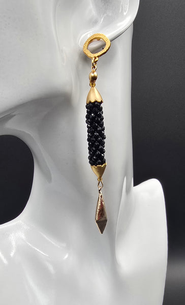 Beaded Crochet Linear Earrings - Black/Gold