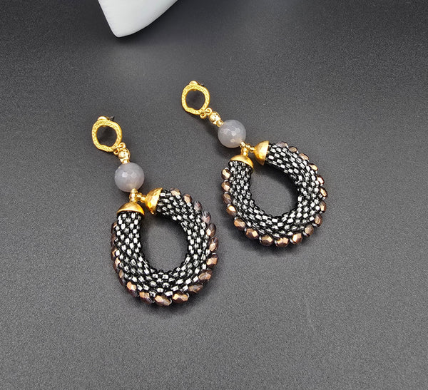 Beaded Crochet Hoop Earrings - Grey/Bronze