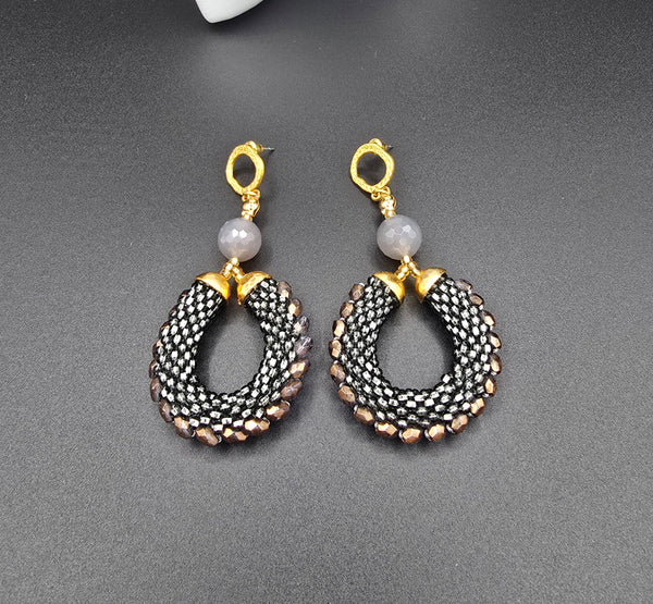 Beaded Crochet Hoop Earrings - Grey/Bronze