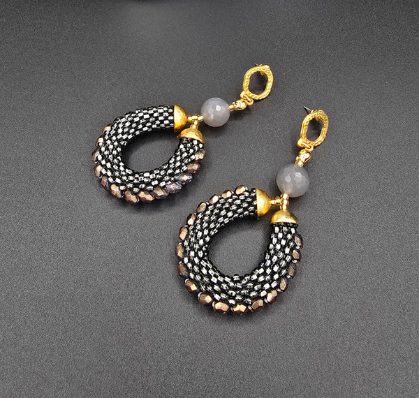 Beaded Crochet Hoop Earrings - Grey/Bronze