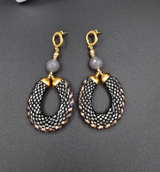 Beaded Crochet Hoop Earrings - Grey/Bronze