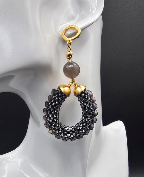 Beaded Crochet Hoop Earrings - Grey/Bronze