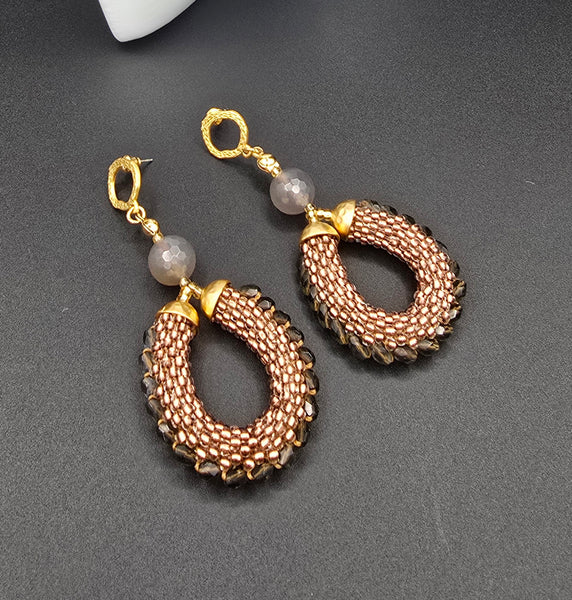Beaded Crochet Hoop Earrings - Copper/Neutral