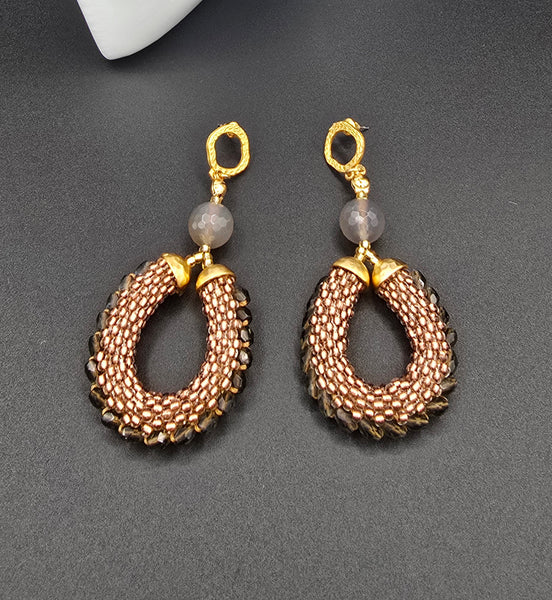Beaded Crochet Hoop Earrings - Copper/Neutral